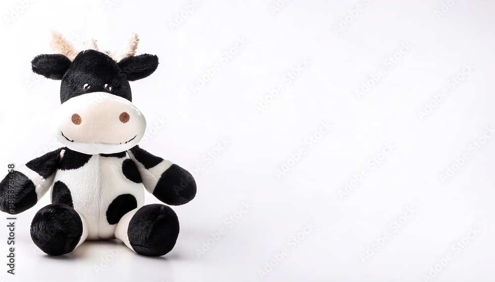 Naklejka premium Stuffed animal of a black and white milk cow. cute, adorable, plush, soft, companion friend and night time sleep toy for young boy and girl children. Isolated on white background with copy space