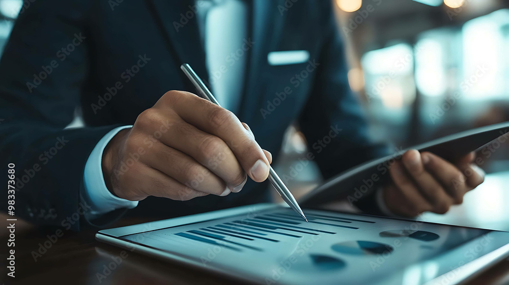 Close-up of a businessman's hand using a stylus on a tablet to analyze data. Close-up of a businessman's hand using a stylus on a tablet to analyze data.