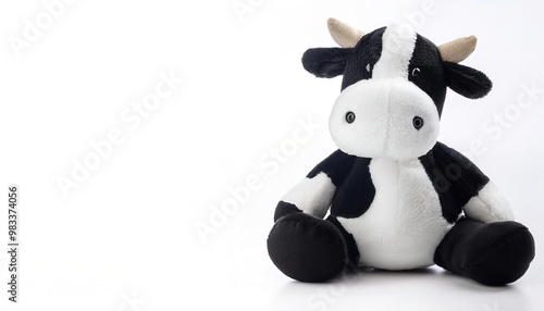 Stuffed animal of a black and white milk cow. cute, adorable, plush, soft, companion friend and night time sleep toy for young boy and girl children. Isolated on white background with copy space