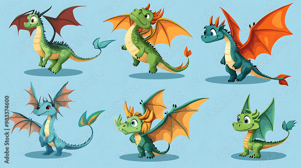 A set of six cute cartoon dragons with different colors and designs. A set of six cute cartoon dragons with different colors and designs.