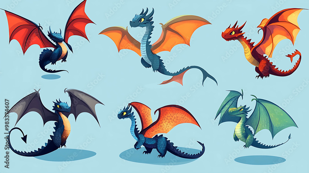 Obraz premium Six cartoon dragons of different colors with wings outstretched.