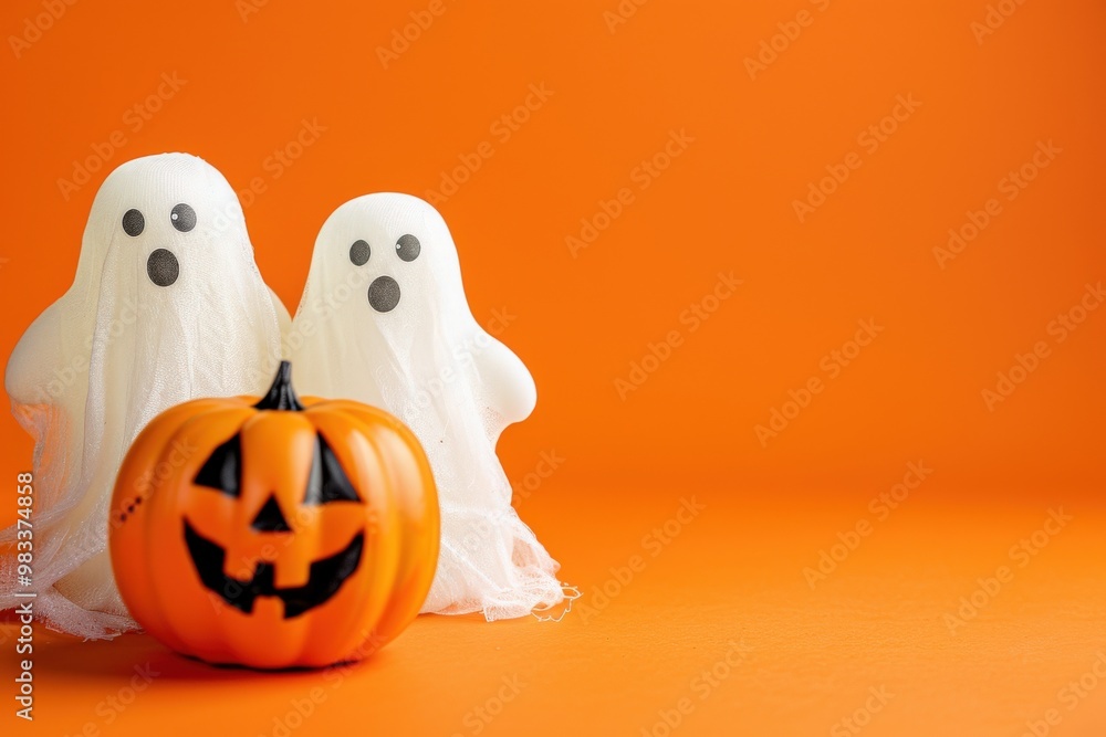 A ghost and a pumpkin are on an orange background generative ai A ghost and a pumpkin are on an orange background generative ai