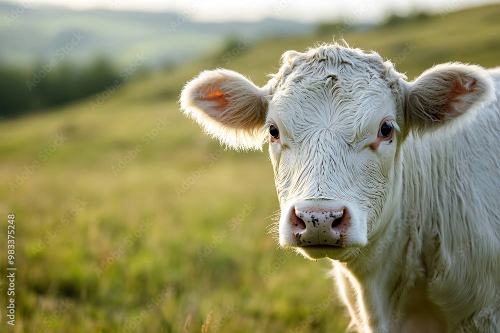 Closeup portrait of a white calf in a field Closeup portrait of a white calf in a field
