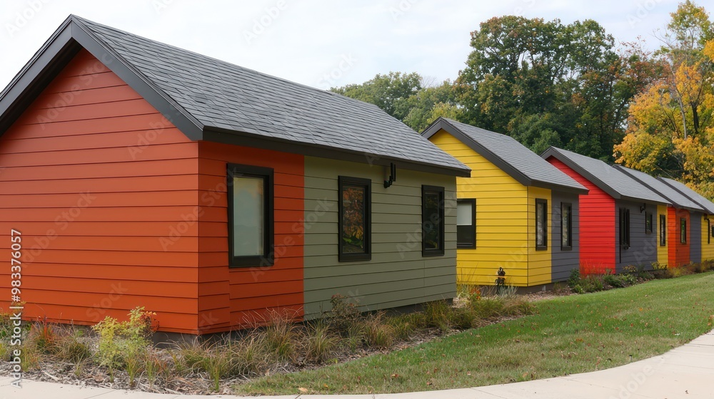 A series of artist studios on a university campus, each featuring a different style and color of fiber cement siding to inspire creativity A series of artist studios on a university campus, each featuring a different style and color of fiber cement siding to inspire creativity
