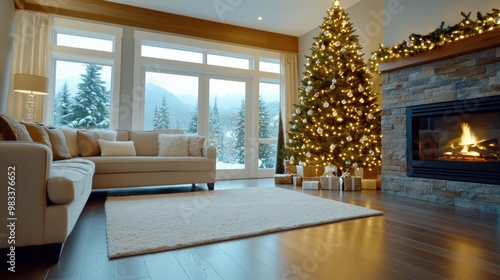 A living room with a fireplace and christmas tree in front of the window, AI
