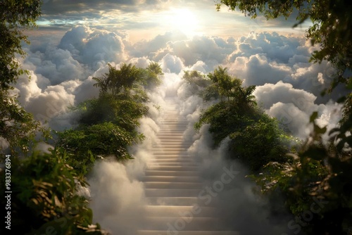 Path to eternal bliss: The road leading to heavenly paradise, representing religious concept of life after death, soul embarks on a journey toward immortality, divine, everlasting sanctuary.