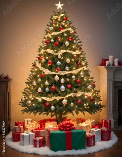 A traditional Christmas tree with colorful ribbons in a snowy village street at night , with stockings and toys in the foreground