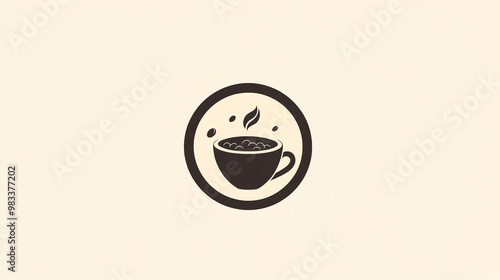 Simple logo design of a coffee cup with beans and a leaf in a circle.