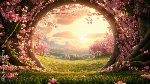 Magical Spring Landscape with Pink Blossoms and Mountains