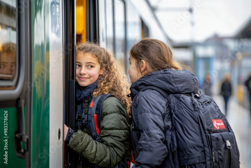 Two Girls Boarding Train with Backpacks at Station