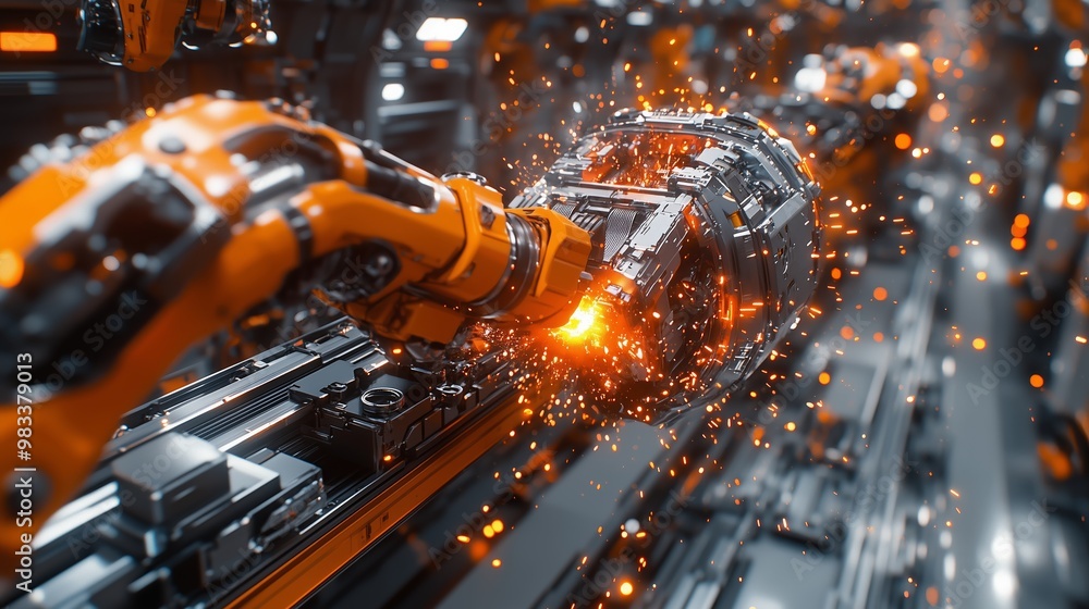 A high-tech robotic arm performs precise welding in a futuristic, automated factory environment. A high-tech robotic arm performs precise welding in a futuristic, automated factory environment.