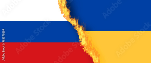 Russian national flag VS Ukraine national flag on Fire, Conflict between countries, deterioration of diplomatic relations. Confliction and crisis concept. photo