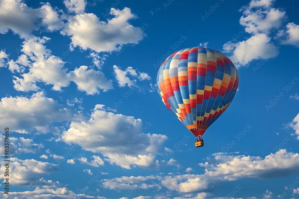 Fototapeta premium Colorful hot air balloon floating in a blue sky with white clouds