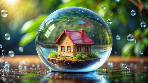 Toy log house with a red roof inside a water droplet, enchanting artistic concept, lush green background photo