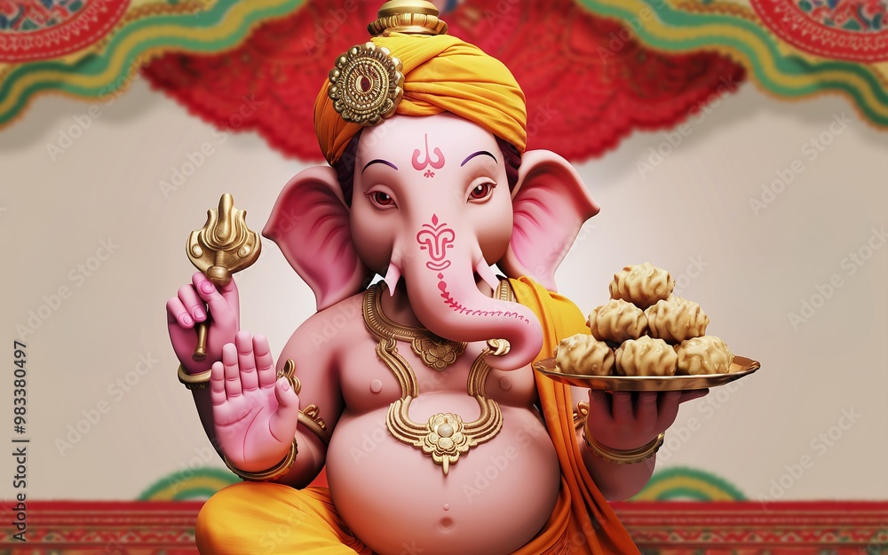 A 3D rendered image of Lord Ganesha, the Hindu god of wisdom and prosperity, holding a plate of modaks, a traditional Indian sweet. Generative-AI A 3D rendered image of Lord Ganesha, the Hindu god of wisdom and prosperity, holding a plate of modaks, a traditional Indian sweet. Generative-AI