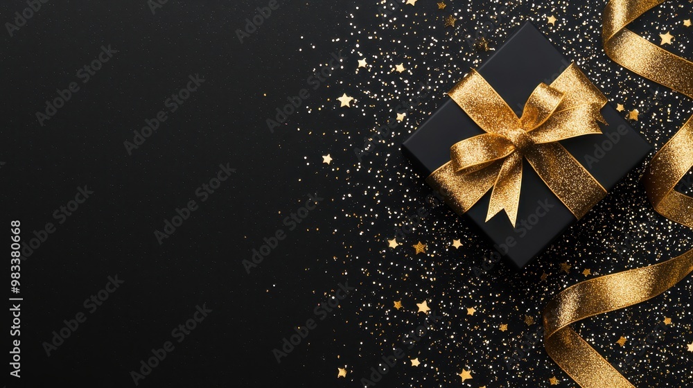 Black Gift Box with Gold Ribbon and Confetti Stars Black Gift Box with Gold Ribbon and Confetti Stars