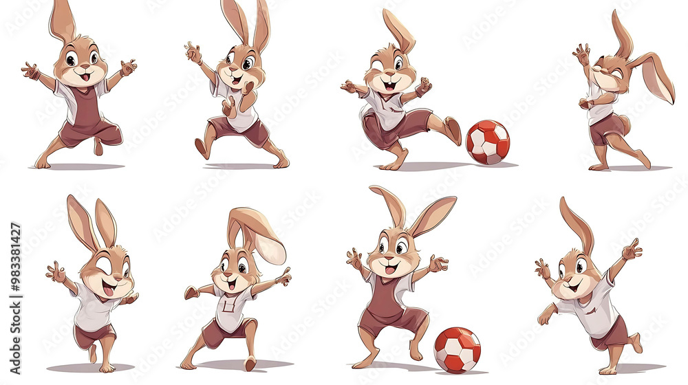 Fototapeta premium Cute cartoon bunnies in different poses, including playing soccer.