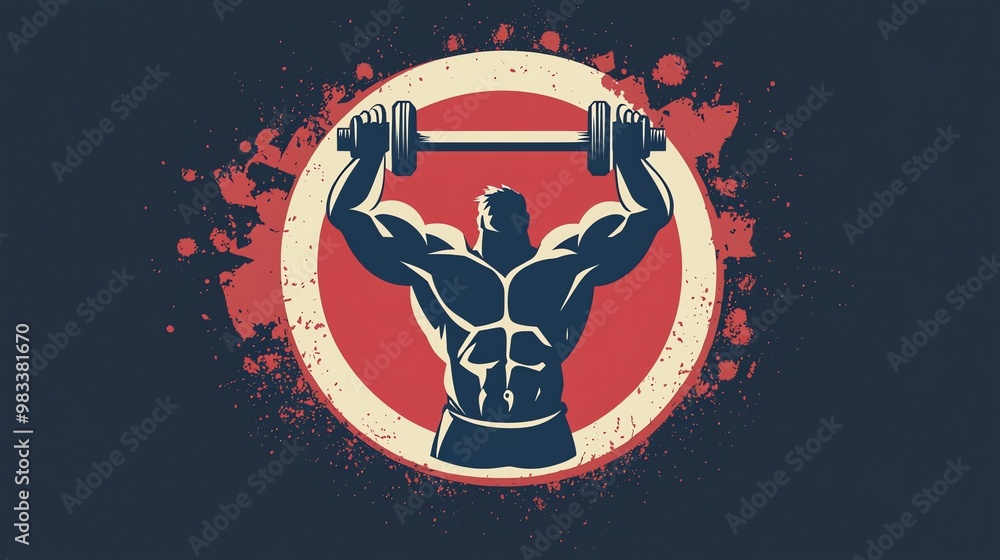 Obraz premium A stylized, retro weightlifter, holding a barbell overhead, in a circle with a distressed red background.