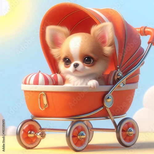 Lustiger  Chihuahua in einem Kinderwagen photo