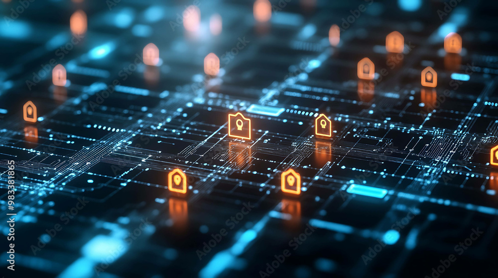 Digital illustration of an abstract circuit board with glowing orange security camera icons. Digital illustration of an abstract circuit board with glowing orange security camera icons.