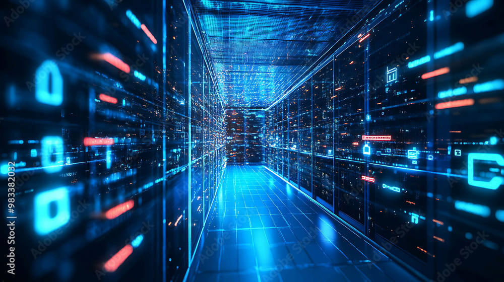 Futuristic server room with glowing data streams. Futuristic server room with glowing data streams.
