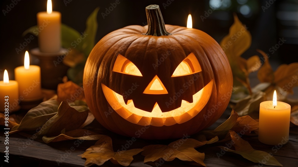 carved pumpkin with a glowing smile, surrounded by candles and leaves carved pumpkin with a glowing smile, surrounded by candles and leaves