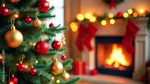 Christmas and New year's background. Decorated Christmas tree against burning fireplace with wreath and garland.