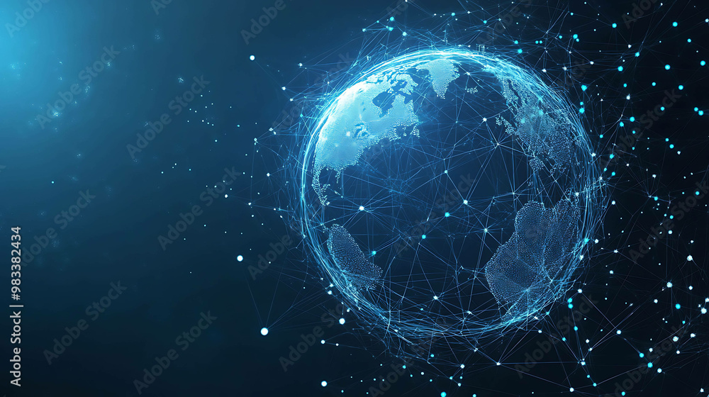 Obraz premium A stylized 3D rendering of the Earth, composed of glowing lines and dots, representing global interconnectedness.