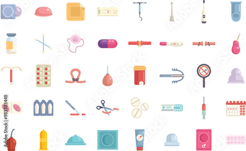 This is a large set of colorful icons depicting various methods of contraception and birth control for family planning