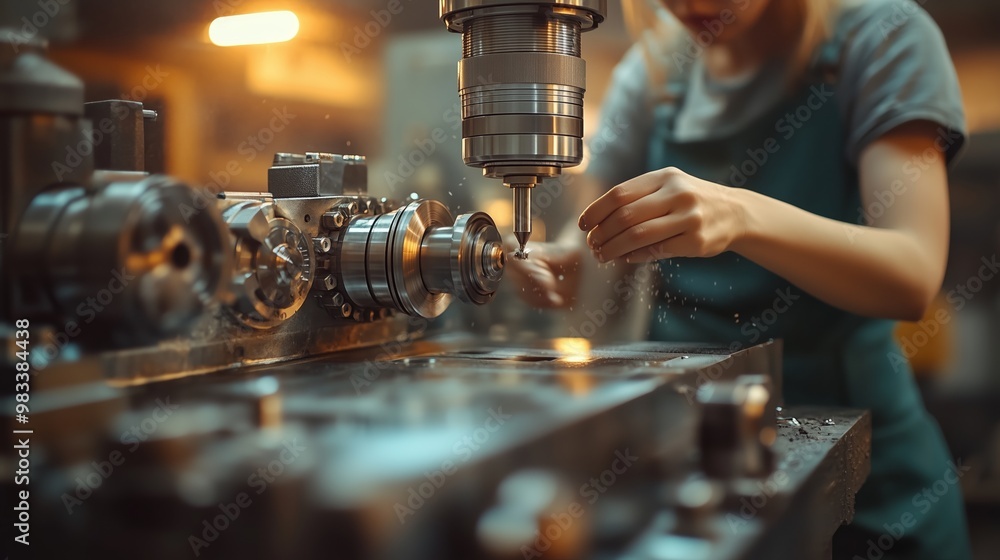 A focused female technician operates a precision milling machine in a workshop, adjusting metal components. A focused female technician operates a precision milling machine in a workshop, adjusting metal components.