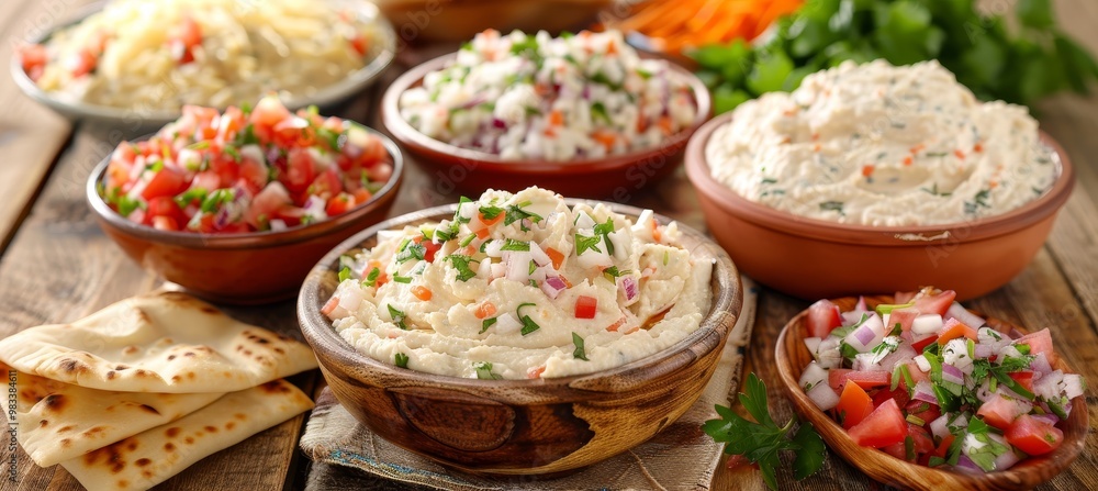 Assortment of Delicious Homemade Creamy Dips and Fresh Ingredients on a Rustic Wooden Table Assortment of Delicious Homemade Creamy Dips and Fresh Ingredients on a Rustic Wooden Table