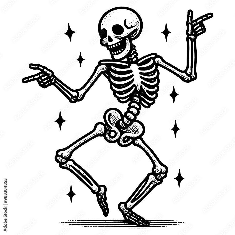 Fototapeta premium skeleton dancing, dance pose, exuding a fun and spooky vibe sketch engraving generative ai PNG illustration. Scratch board imitation. Black and white image.