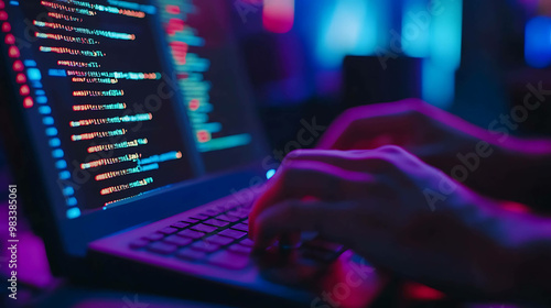 Closeup of hands typing code on a laptop.