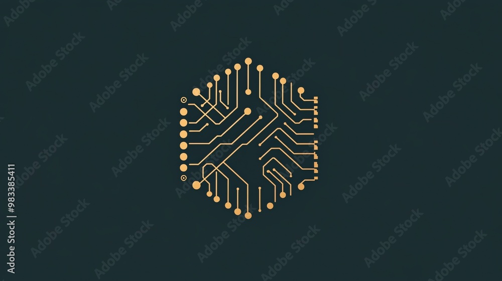 Abstract digital circuit board design with gold lines and nodes on a dark background. Abstract digital circuit board design with gold lines and nodes on a dark background.