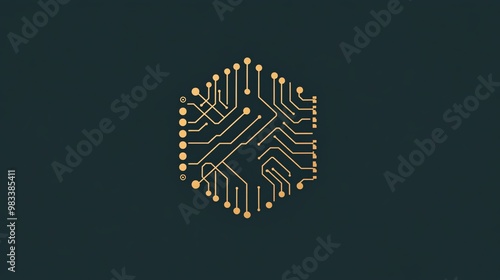 Abstract digital circuit board design with gold lines and nodes on a dark background.