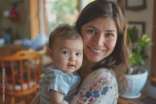 A woman is holding a baby and smiling, generative ai