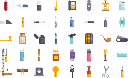 Big set of smoking related vector icons featuring pipes, lighters, ashtrays, and more in a flat design style