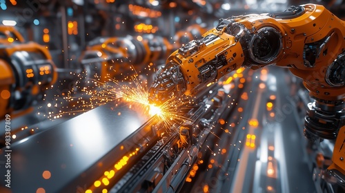 A high-tech robotic arm performs precise welding in a futuristic, automated factory environment. 