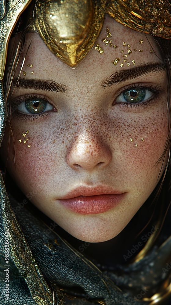 Close-Up Portrait of a Woman with Freckles and Gold Jewelry Close-Up Portrait of a Woman with Freckles and Gold Jewelry