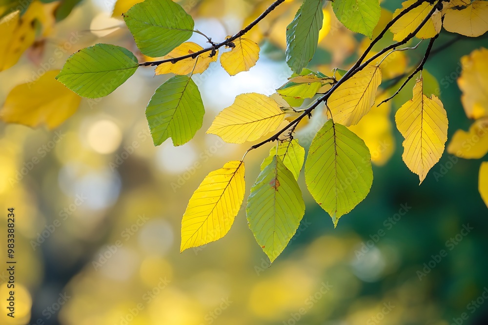 Golden and Green Leaves Branch Autumn Fall Nature Close Up Golden and Green Leaves Branch Autumn Fall Nature Close Up