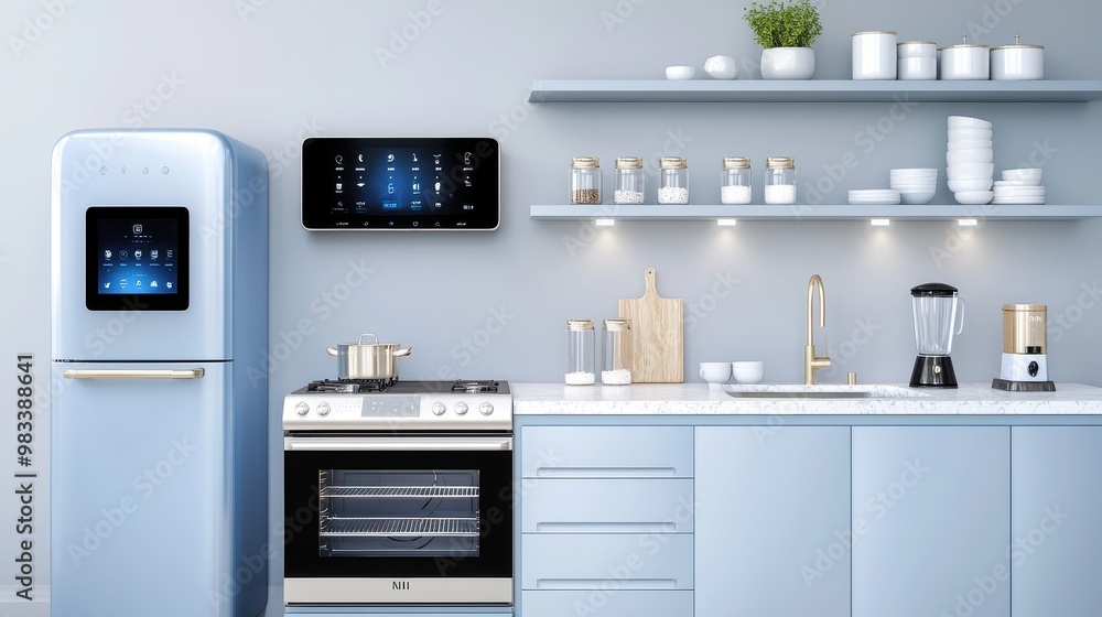 Fototapeta premium Modern Kitchen Interior with Smart Fridge and Appliances