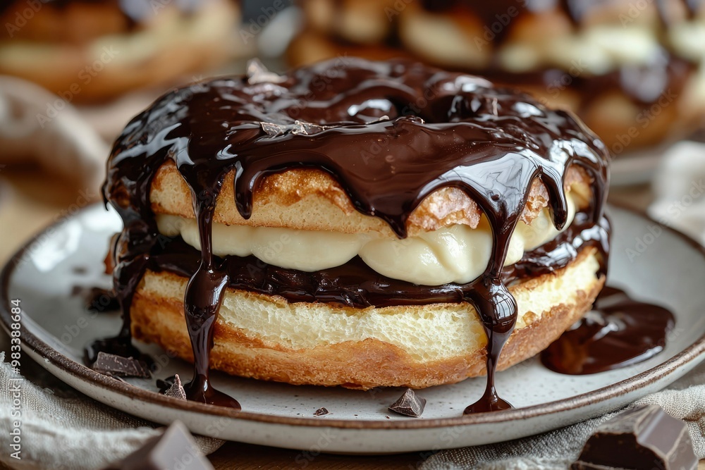 Chocolate-Covered Cream Puff with Drizzled Ganache on a White Plate Chocolate-Covered Cream Puff with Drizzled Ganache on a White Plate