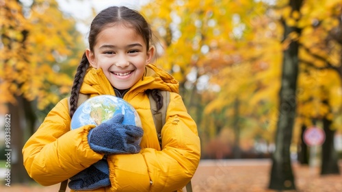 Smiling Girl Holding Globe In Autumn Park, Concept Of Environmental Responsibility And Education.