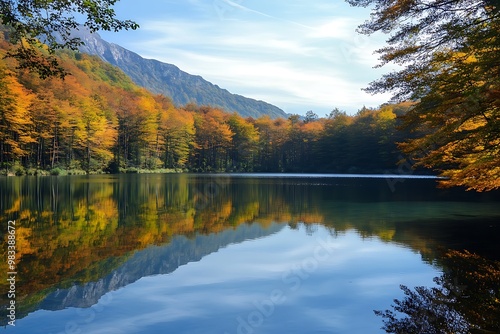 Serene Mountain Lake with Vibrant Fall Foliage Reflections