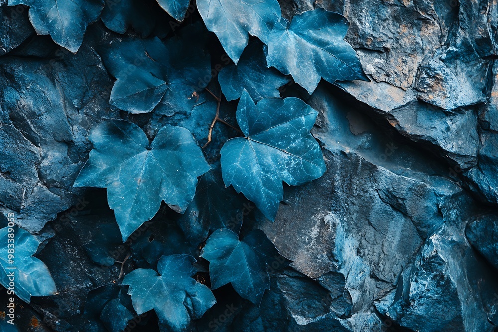 Abstract Blue Leaves on Rock Wall Texture Abstract Blue Leaves on Rock Wall Texture