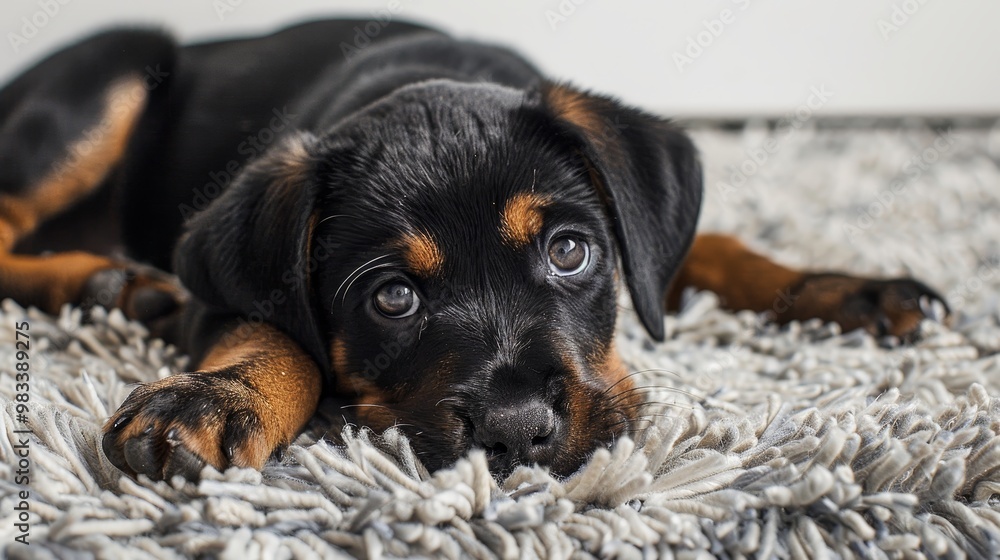 Fototapeta premium Portrait of a black and brown rottweiler puppy laying on grey soft rug, eight weeks old. puppy eyes
