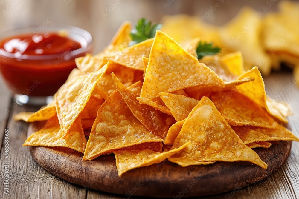 Crispy Tortilla Chips with Salsa on Wooden Board Crispy Tortilla Chips with Salsa on Wooden Board