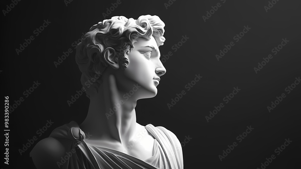 Greek god apollo white smooth marble statue on plain black background ...