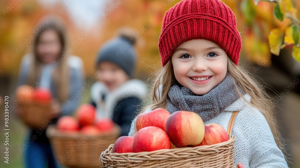 Fototapeta premium A young girl holding a basket of apples in the fall, AI