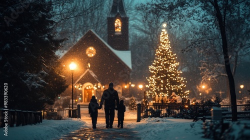 Family attending Christmas Eve service near a decorated church. Christmas concept photo